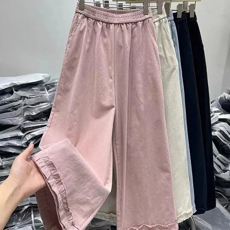 Korean Chic Ruffle Patchwork Ankle Length Pants Women Summer High Waist Loose Wide Leg Pants Elastic Waist Baggy Casual Trousers voguable