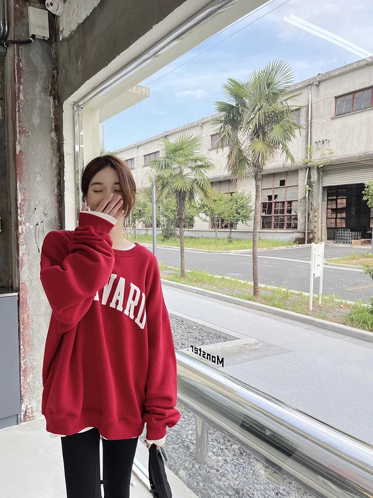 Women's English Printing Long Sleeved Red Sweatshirts Spring Autumn New Street Style Female Loose Round Neck Pullover Tee voguable
