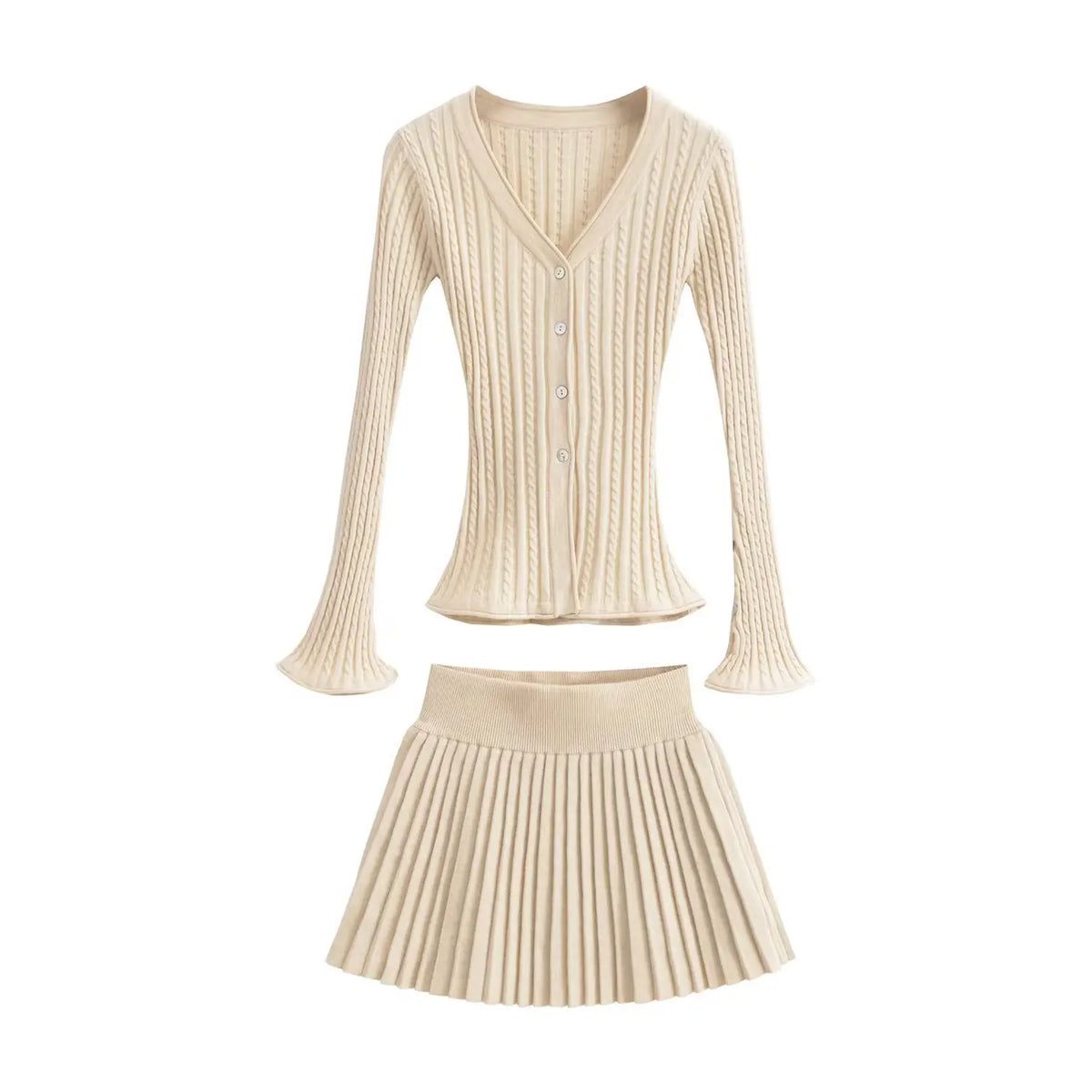 Voguable 4 colors Preppy Style 2 pieces 1 set V neck Twist Knit Cardigan Retro Women Elastic Waist Pleated Mini Skirt Matching Suits voguable
