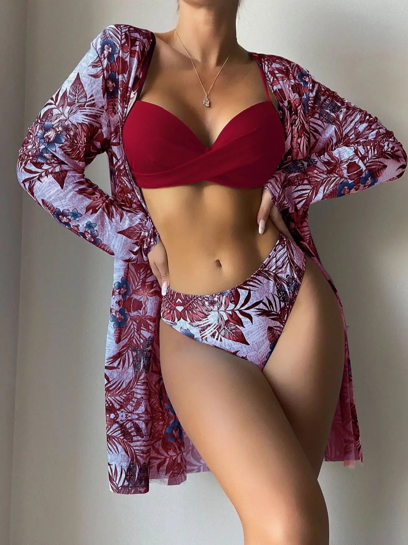 Voguable  Print Beach Cover Up And Bikini Set Sexy Swimwear Women Hollow Out Swimsuit High Waist Biquini Female Three Piece Beachwear voguable