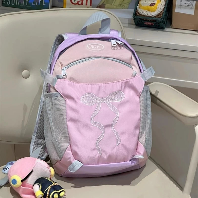Women Students Travel Bags Patchwork Contrast Color Schoolbags Preppy Chic Kawaii Bow Embroidery Backpacks Y2k Aesthetic Fashion voguable