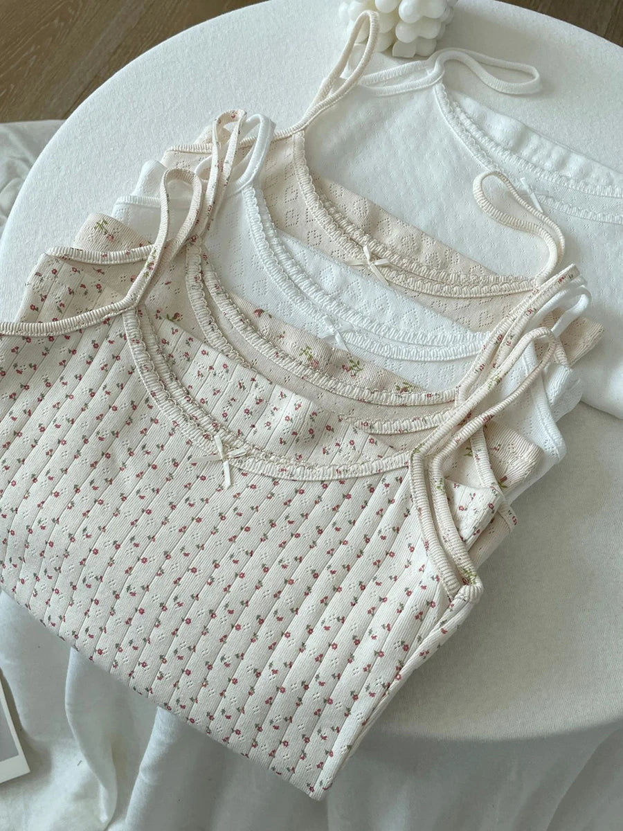 Floral Eyelet Bow Cotton Crop Tops Summer Lace Trim Sleeveless Slim Tank Top Women Preppy Style Sweet Camisole Y2k Clothes voguable