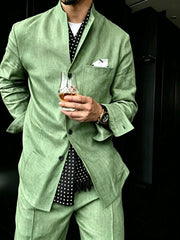 Voguable  Men's Linen Blend 2 Piece Suit Set Stand Collar Three Button Breathable Casual Blazer Pants For Business Daily Wear Summer voguable