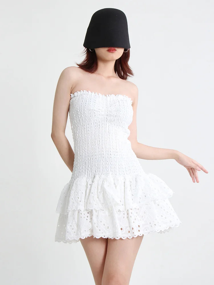 Cut Out Layered Hem Sexy Dress For Women Strapless Sleeveless Off Shoulder High Waist Mini Dresses Female Clothing voguable