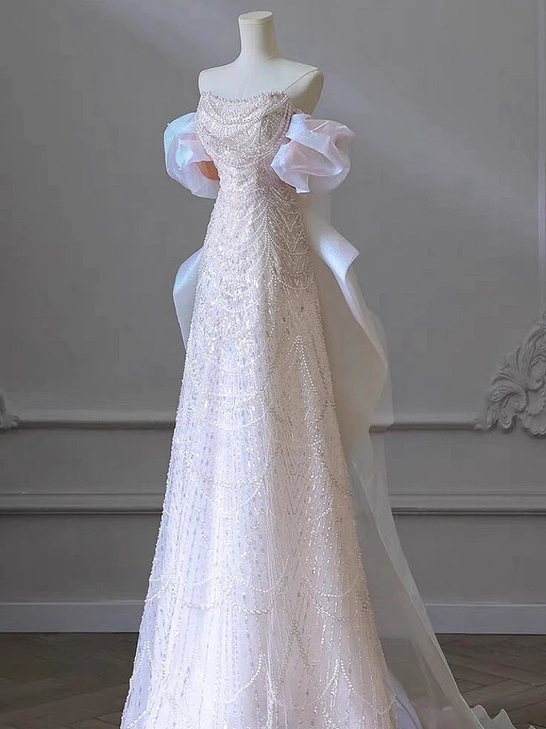 Voguable White Luxury Senior Evening Dresses Bow Strapless Beading Off The Shoulder Shiny Sequin Cockital Host Party Evening Prom Gown voguable
