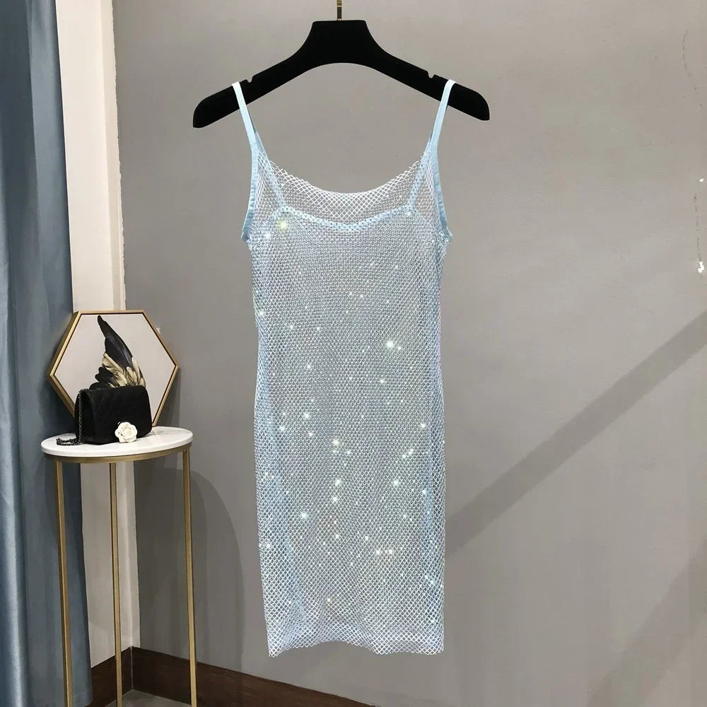 Voguable  Bungee Sexy Slim Slim Women's Summer New Bright Diamond Crystal Temperament Bag Hip Sling Mid-length Dress Fashion Trend voguable