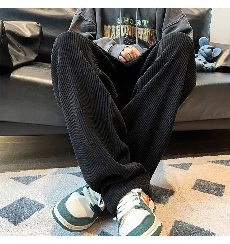 Autumn Corduroy Straight Trousers Men Loose Solid Casual Drape Trousers Harajuku Fashion Drawstring Street Wide Leg Sweatpant voguable