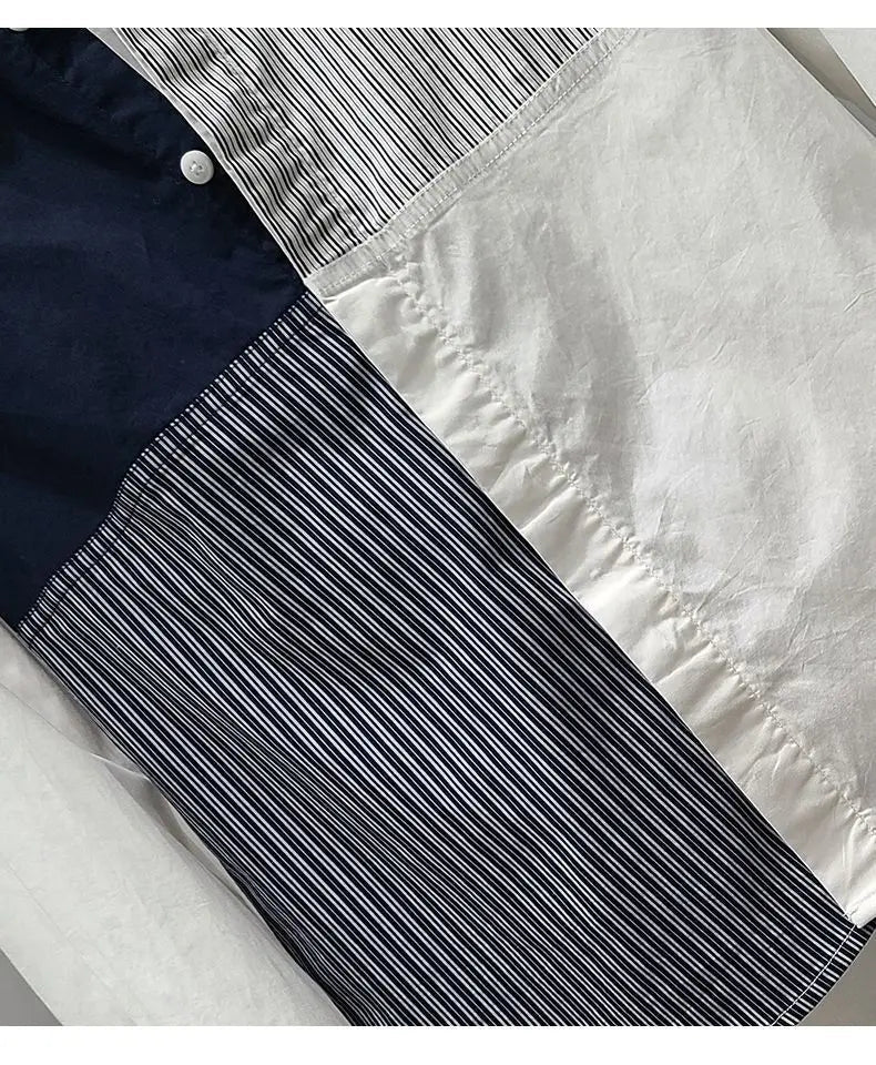 Voguable  Stripe Contrasting Splicing Long Sleeved Shirt Men's Korean Version Simple Loose Casual Shirt Top Trend voguable