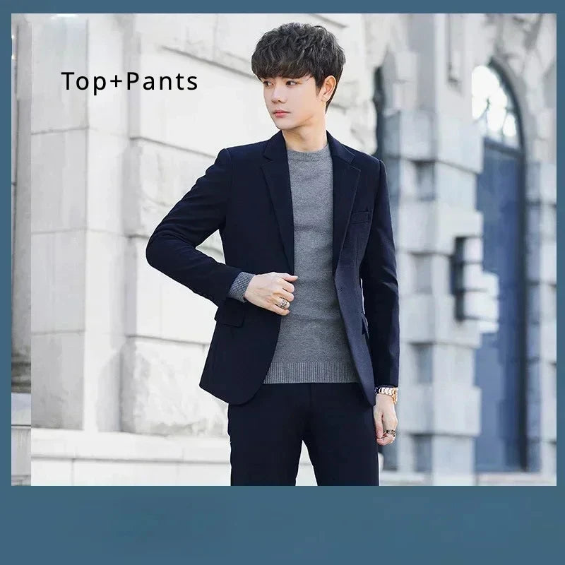 Voguable S-6XL Men's Business Casual Suit Korean Style Trendy Slim Fit 2 Piece Set Solid Color （Blazer+ Pants )Groom Wedding Dress Party voguable