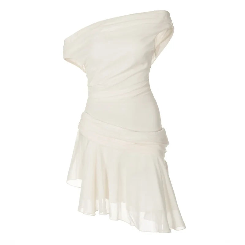 TARUXY Off-Shoulder Lace Splice Backless Dress For Women Ireegular Hem Mesh Sexy See Through Solid Female Fashion Birthday Dress voguable