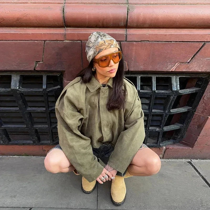 2025 New Fashion Women Green Suede Jacket Spring Lapel Long Sleeve Zipper Oversize Bomber Coat Chic Female High Street Outerwear voguable