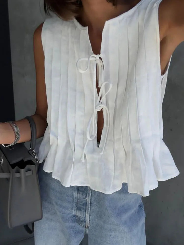 White Bandage Ribbed Tank Top Shirts For Women Hollow Out Sleeveless Slim Summer Fashion Vest Women's Lace-Up Vest Y2k Top voguable