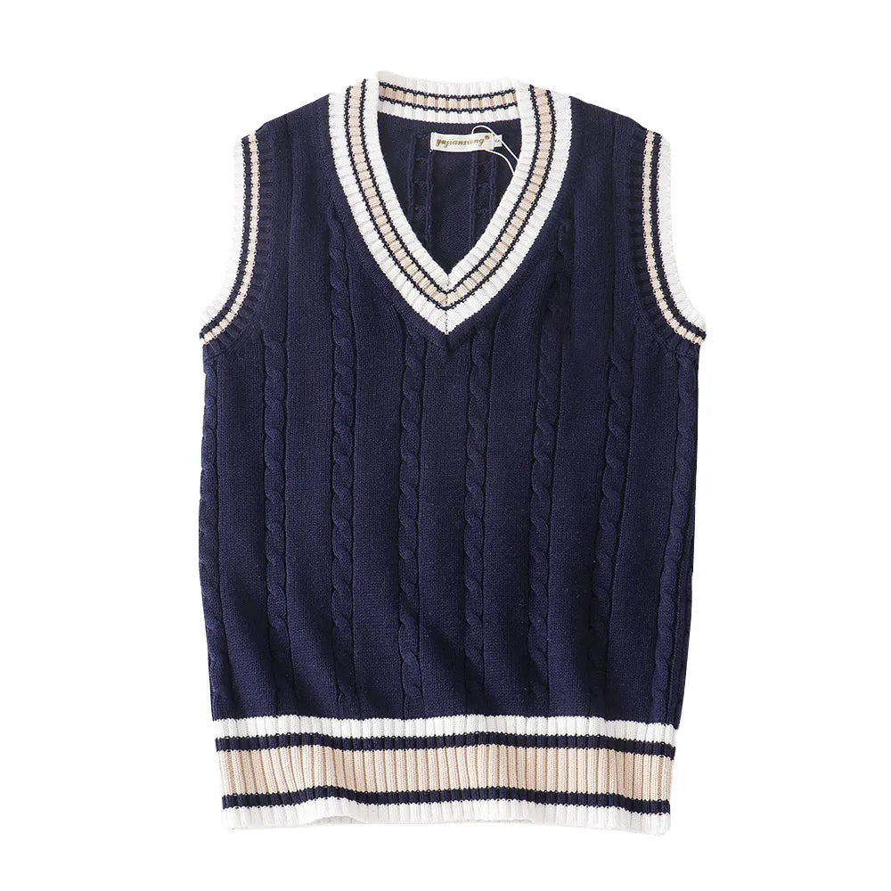 Sweater Vest Men Thicken V-neck Sleeveless Knitted Sweaters Vests Striped Retro Preppy-style Simple Chic Loose Casual All-match voguable
