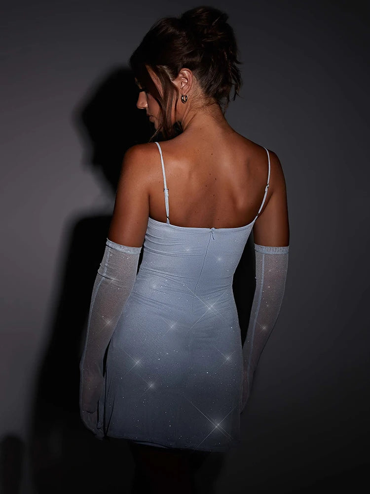 Sparkle Sexy Mini Dress Women New Spaghetti Strap With Sleeve Backless Sleeveless Glitter Club Party Sexy Dress voguable