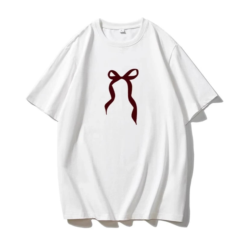 Bow Print Chic White Women T-shirt Cotton 2025 New Round Neck Short Sleeve All-match Tee White Casual Streetwear Female Top voguable