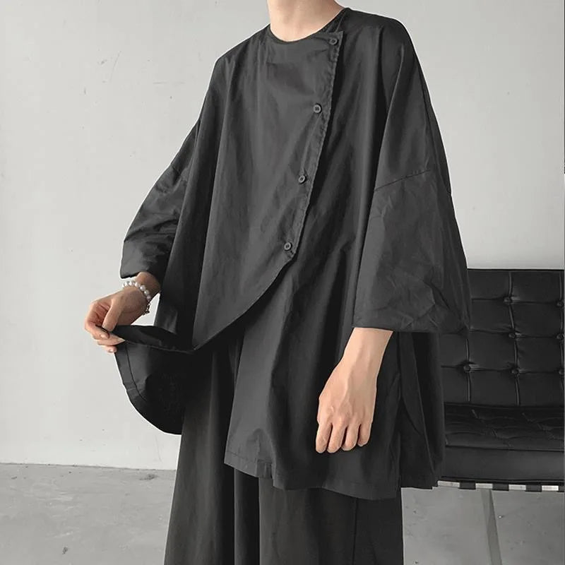 Voguable  Loose Men's Oversize Shirt Asymmetric Silhouette Seven-Quarter Sleeve Dark Style Casual Summer Top Male Fashion Clothing voguable