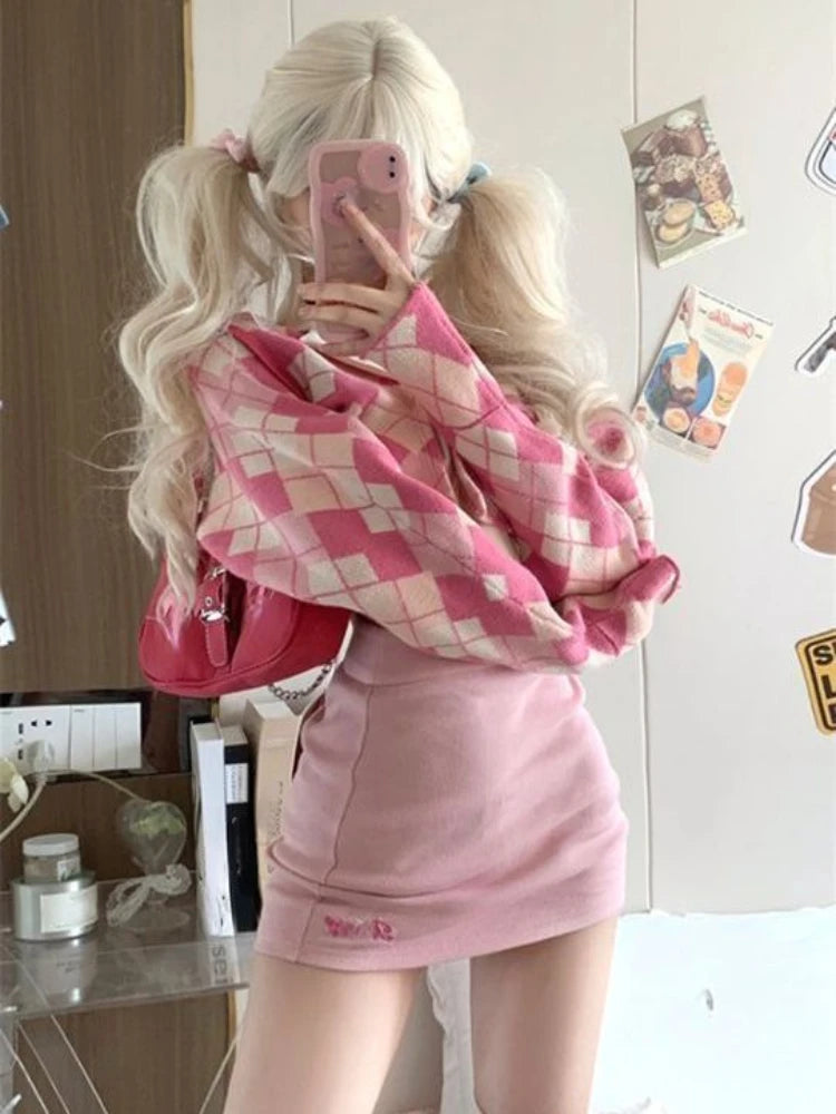 Summer Korean Fashion Outfits Women Pink Plaid Cardigan + White Vest + Mini Skirts Japanese Sweet Y2k Short Party Suits voguable
