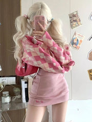 Summer Korean Fashion Outfits Women Pink Plaid Cardigan + White Vest + Mini Skirts Japanese Sweet Y2k Short Party Suits voguable