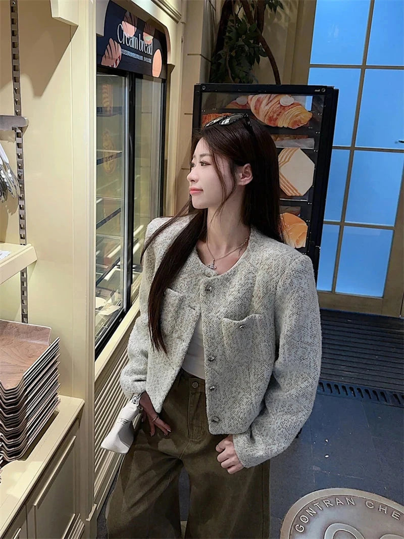 Sweet Women Slim Elegant Jacket Vintage Long Sleeve O Neck Fall Short Coat Korean Small Fragrance Single Breasted Lady Tops voguable