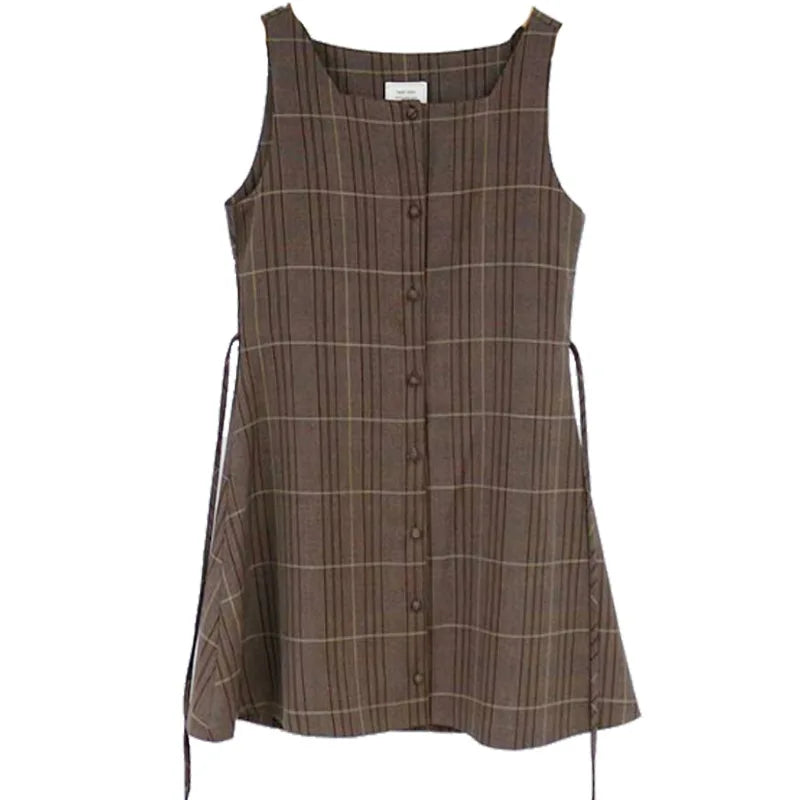 Voguable  Cute Mini New Year Date Dresses Sleeveless Vest Women Korea Japanese Style Design Retro Vintage Plaid Button Shirt Dress voguable