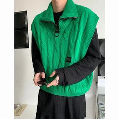 Voguable Autumn Short Sweater Vest Men Fashion Casual Lapel Knit Pullover Men Korean Loose Zipper Sleeveless Sweater Men Jumper Clothes voguable