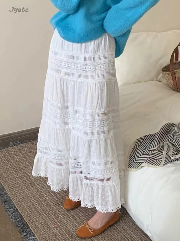 Embroidered Hollow Lace Spliced White Long Skirt 2025 Spring Summer New Elastic Waist Cotton A-line Vacation Beach Boho Skirt voguable