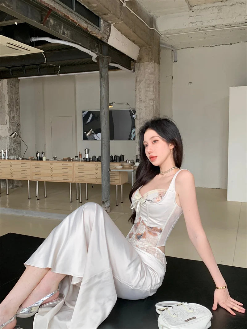 Voguable 2024 Spring Streetwear Contrast Color Printed Bow Sexy Camisole Women + Lace Spliced Casual Mid-Length Skirt Two-Piece Suit voguable