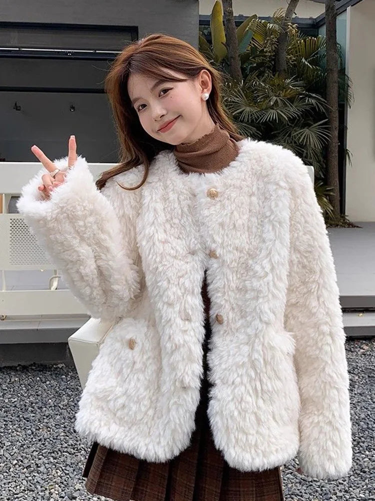 Winter Chic Faux Lamb Coat Women Korean Long Sleeve O Neck Fashion Jacket Sweet Warm Female Elegant All Match Solid Outwear Tops voguable