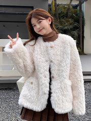 Winter Chic Faux Lamb Coat Women Korean Long Sleeve O Neck Fashion Jacket Sweet Warm Female Elegant All Match Solid Outwear Tops voguable