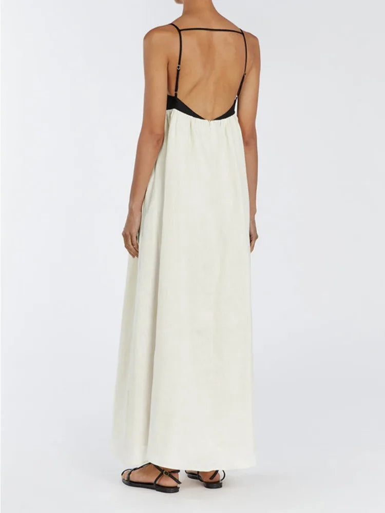 TARUXY Contrast Color Suspender Dress Women's Fashion Sexy Backless Long Ball Gown Dress Sleeveless Loose Female Holiday Clothes voguable