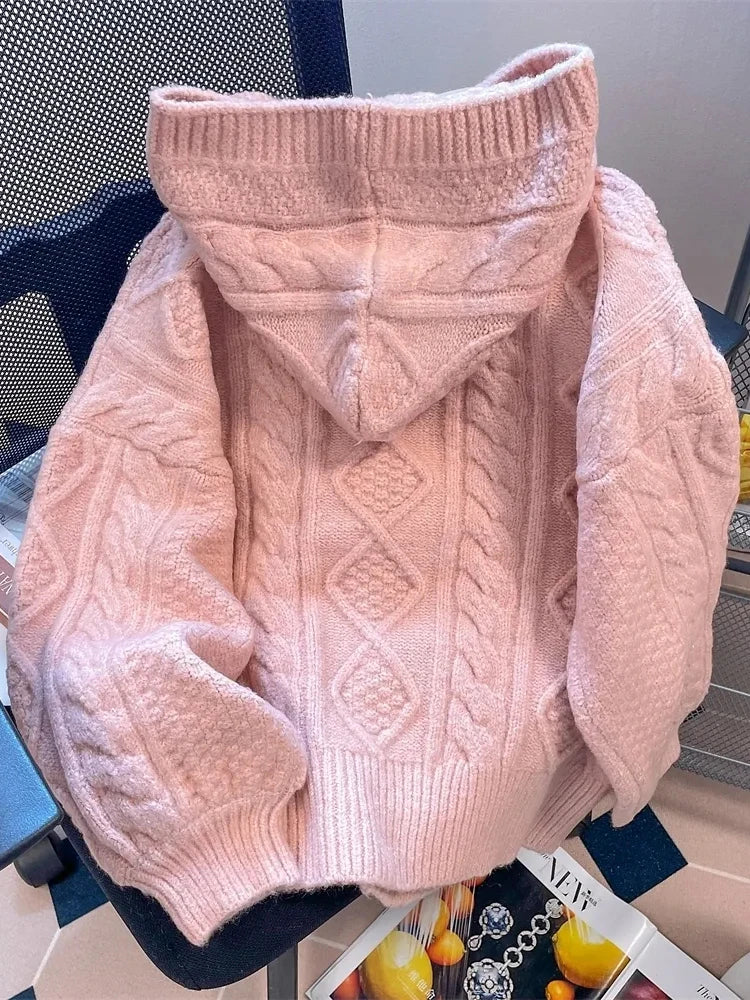 Preppy Style Sweet Pink Cardigan Sweaters Women Loose Long Sleeve Hooded Knitted Jacket Fall Winter Vintage Korean Cute Tops New voguable