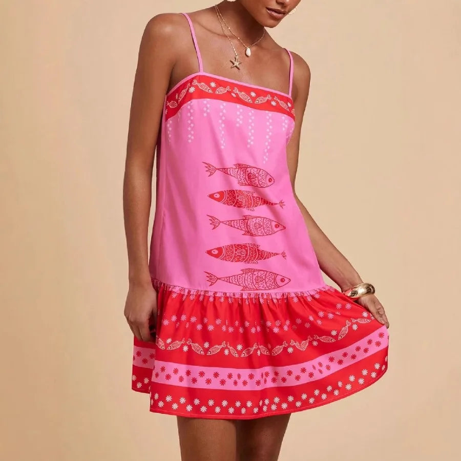 Voguable  European and American - women's clothing print Bohemian elegant suspender vacation style casual loose dress voguable