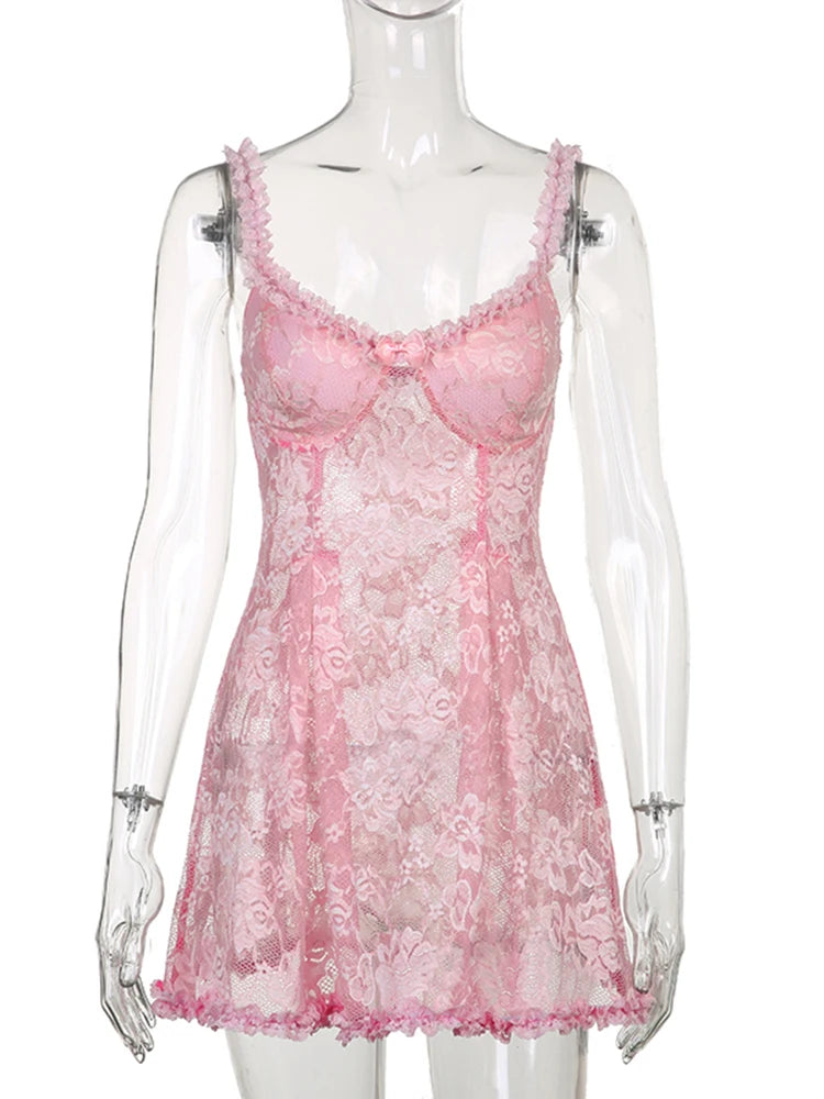 Voguable  See Through Lace Kawaii Dress Pink Transparent  Sleeveless Lolita Mini Dresses Fairycore  Aesthetic Sundress Y2K Outfit voguable
