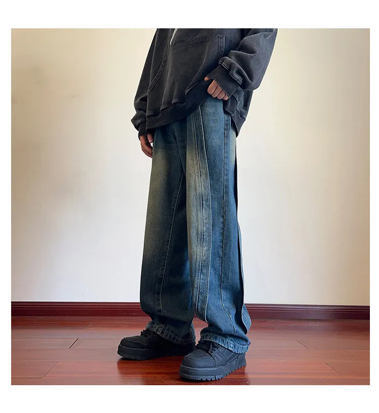 Destroyed Stitching Jeans Men's Blue Washed Jeans Gothic Style Street Trend Clothing Retro Loose Wide Leg Pants straight jeans voguable