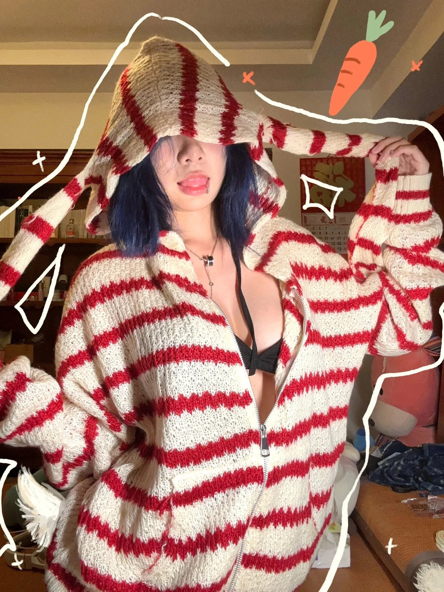 Japanese Y2k Hooded Cardigan 2000s Aesthetics Rabbit Ears Zipper Knitwear Vintage Harajuku Red Stripe Sweater Grunge voguable