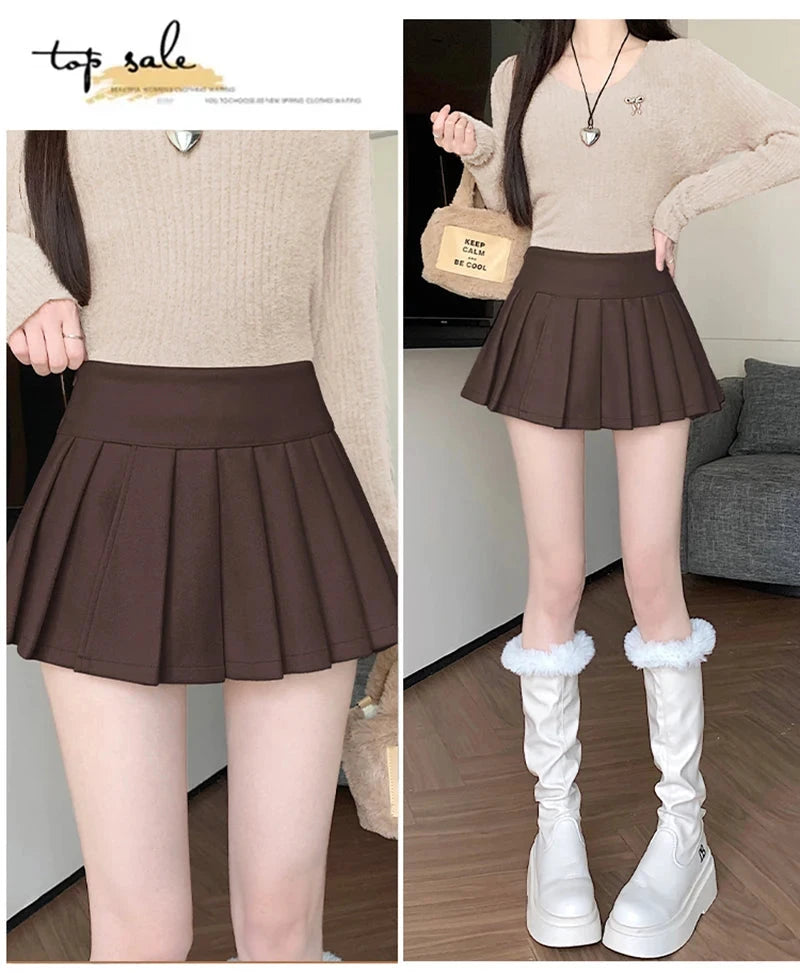 Retro Faux Woolen Pleated Skirt Women Sweet Slim Sexy Mini A Line Skirts Preppy Style High Waist Fall Winter Korean Skirt voguable