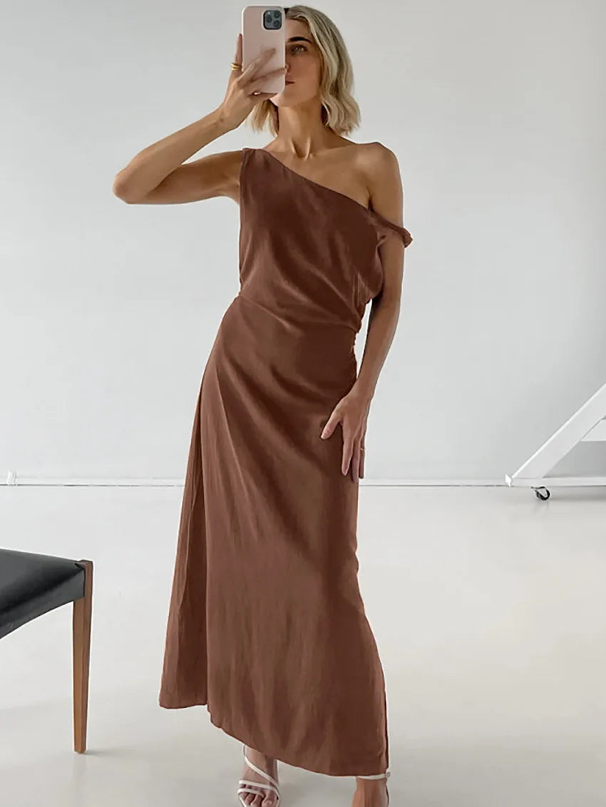 Slanted Shoulder Fashion Long Dress 100% Cotton Sleeveless Brown Retro Women Dress 2025 New Casual Vacation Summer Dresses voguable