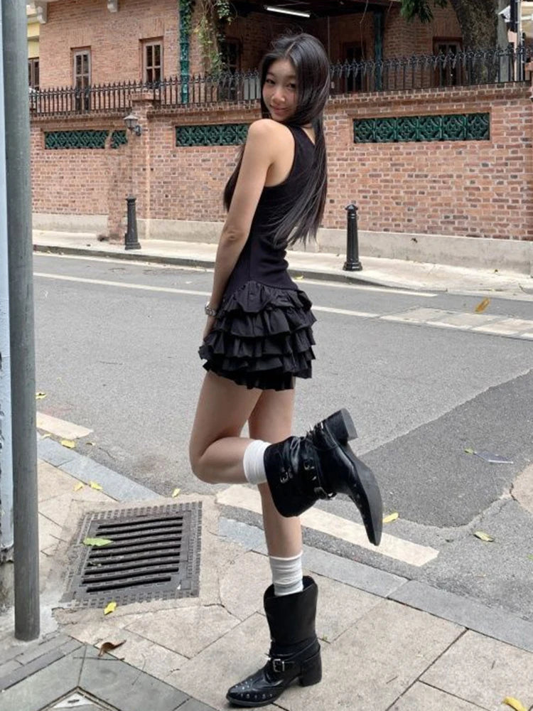 Black Sweet Camis Dress Women Summer Fashion Ruffle Patchwork Streetwear Tutu Dress Sexy Slim Sleeveless Mini Vestidos Female voguable
