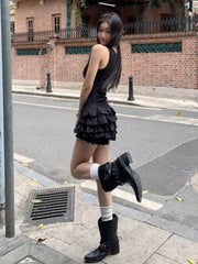 Black Sweet Camis Dress Women Summer Fashion Ruffle Patchwork Streetwear Tutu Dress Sexy Slim Sleeveless Mini Vestidos Female voguable