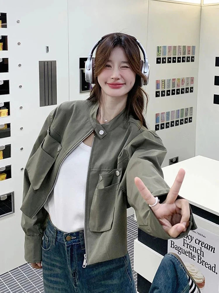 Streetwear Y2K Cropped Cargo Jacket Women Vintage Loose Pockets Harajuku Short Coat American Casual Fall O Neck Long Sleeve Tops voguable