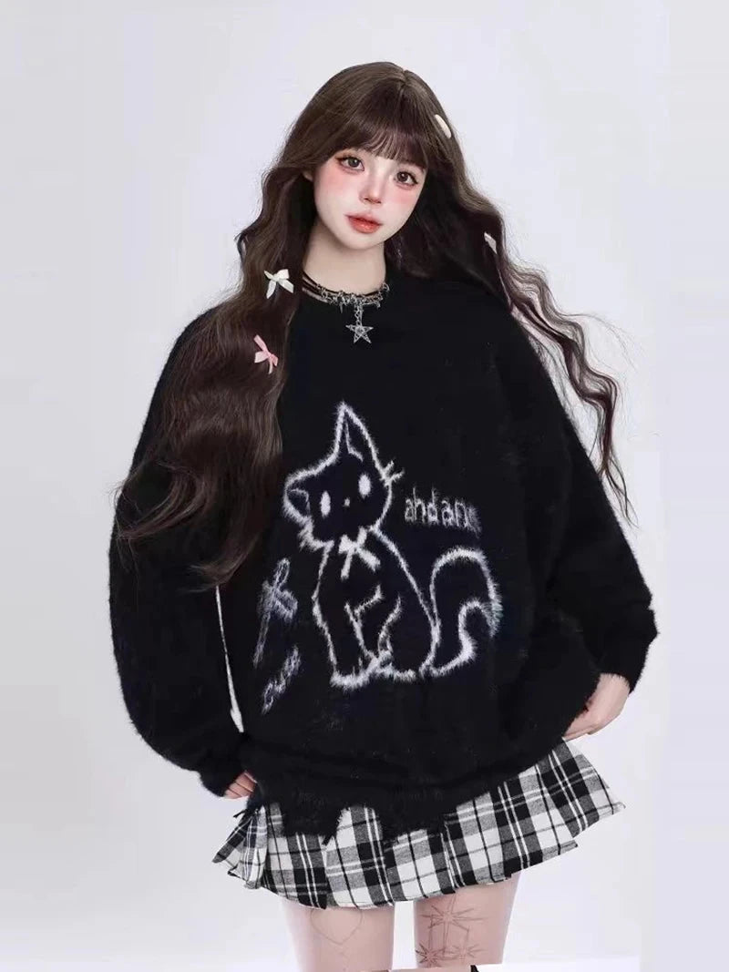 Kawaii Hole Sweet Sweaters Women Vintage Faux Mink Cashmere Cartoon Knitted Jumper Preppy Style Cute Japan Lazy Wind Tops voguable