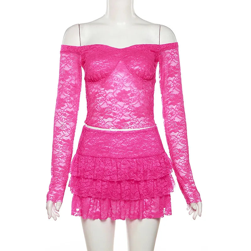 Sheer Lace Hot Pink Two Piece Set Tiered Mini Skirt And Top Y2k Chic Outfits for Women Long Sleeve Dresses voguable