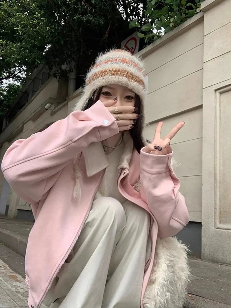 Pink Faux Suede Jacket Women Sweet Long Sleeve Vintage Streetwear Baseball Coat Fall Casual Retro American Y2K Lady Outwear voguable