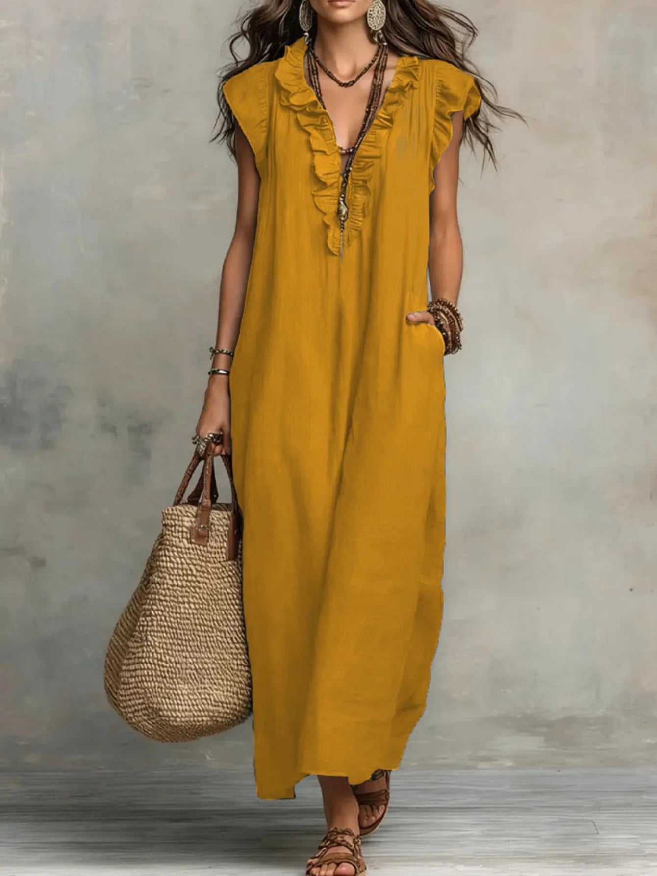 Voguable  New Ruffles V-neck Casual Solid Color Straight Tube Long Dresses Summer Casual Loose Fit Flying Sleeve Pocket Women's Dress voguable