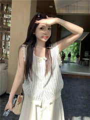 Striped Women Shirts Summer Lace Patchwork Loose Lace Up Casual Tops Korean Chic O Neck Sleeveless Button Blouse New voguable