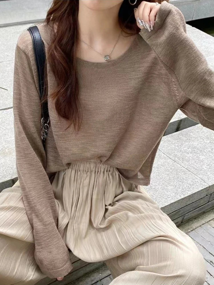 Breezy Long Sleeve Knit Top for Women Breathable O-neck Boxy Pullovers Blouse Summer Sunscreen Shirt Cover Up Casual Outfit voguable