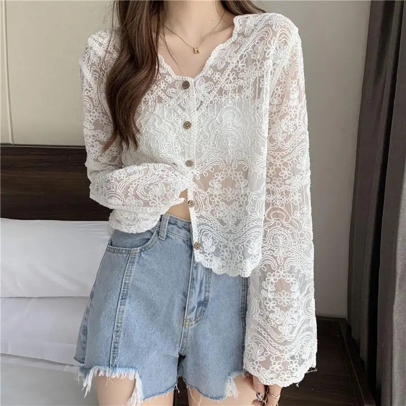 Voguable  Hollow Out Lace Summer Cardigan Women Korean Style V Neck Embroidered Floral Shirt Woman Lightweight Thin Solid Long Sleeve Top voguable