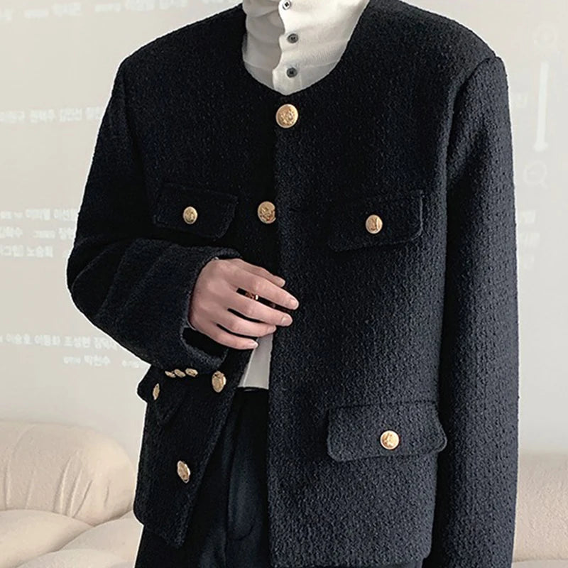 Korean Style Fashionable Tweed Round Neck Jacket Men Japanese Trendy High-end Single-breasted Short Jacket with Temperament voguable