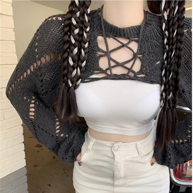Voguable 2024 Summer New Korean Hollow Sexy Backless Lace-up Solid Color Long-sleeved Sweater Women + Basic Camisole Two-piece Suit voguable