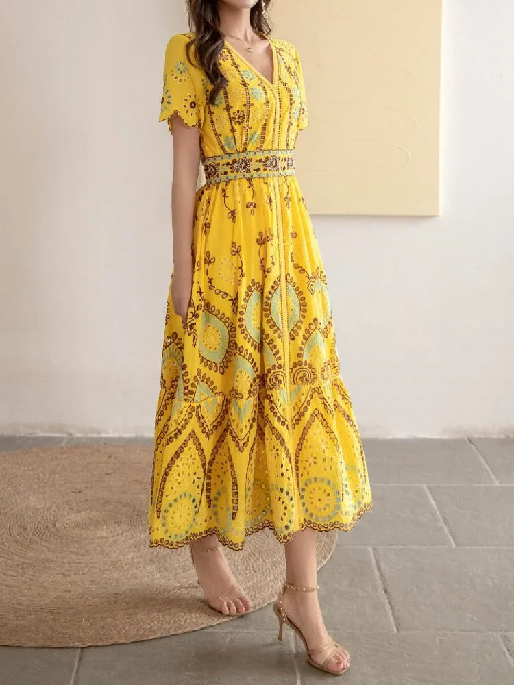 Voguable  Summer Vocation V neck Embroidery Hollow Out Hole Flower Midi Dress Woman Short Flare Sleeve Swing Beach Holiday Robe voguable